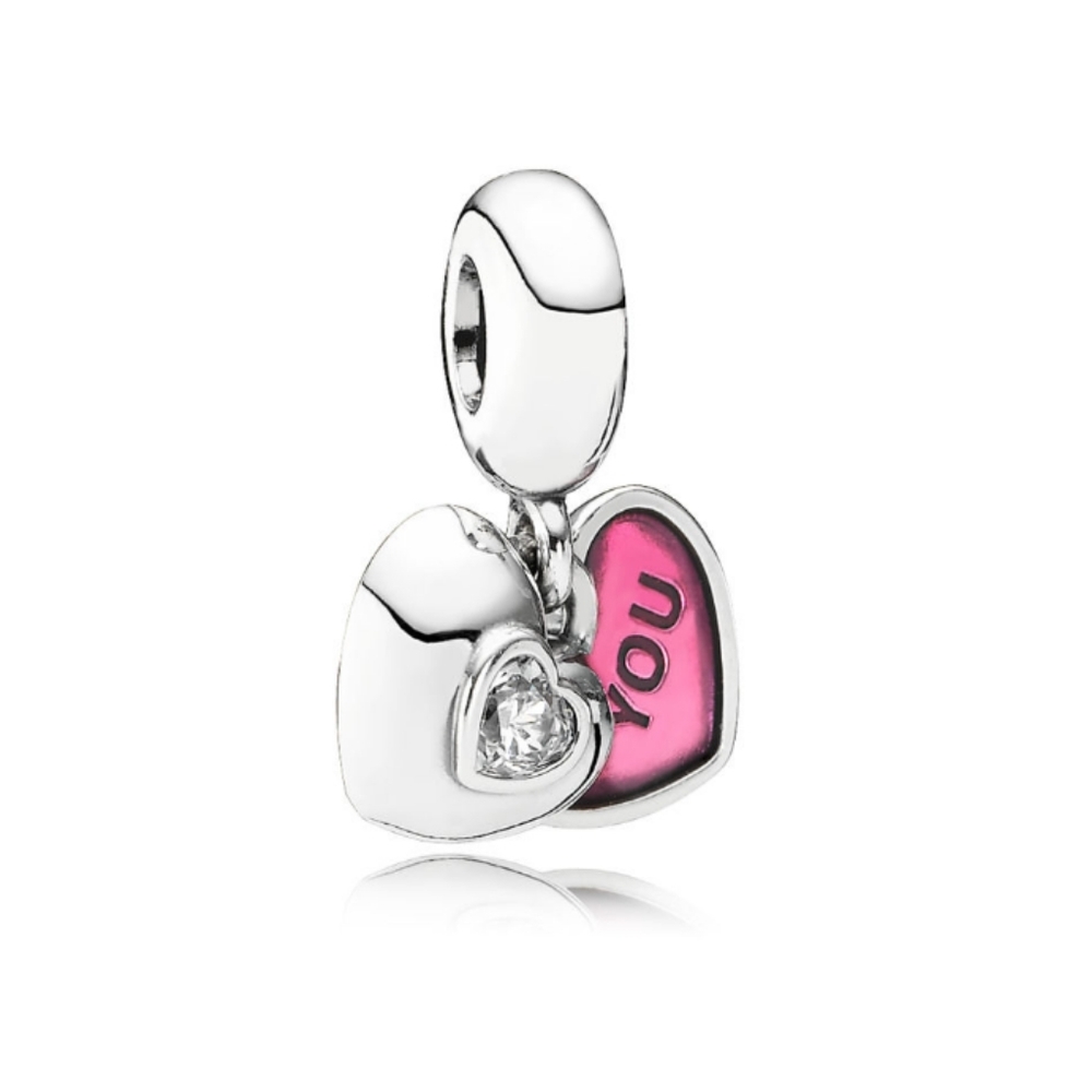Pandora Sterling Silver You and Me Heart Dangle Charm w/ Pink Enamel 791244cz